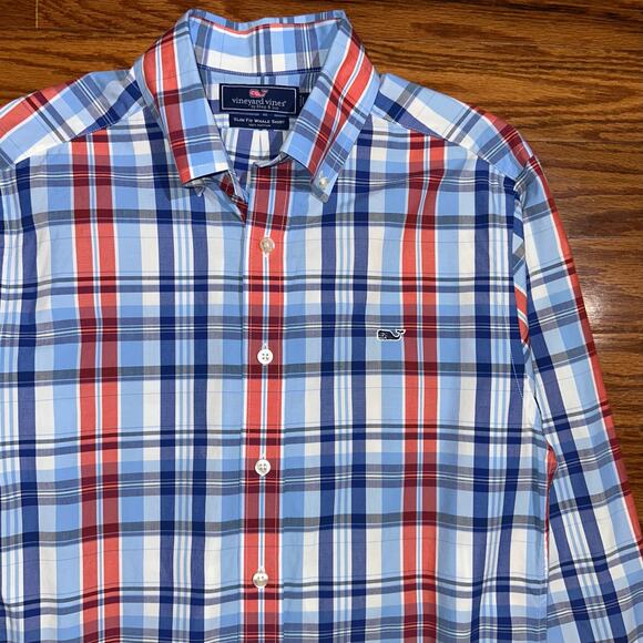 Vineyard Vines Preppy Slim Fit Blue Red Plaid Whale Button Up Shirt Size Small - Picture 9 of 14